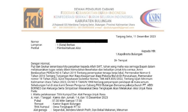 Buruh FKUI PT Abdi Borneo Siap Duduki Kantor Bupati Bulungan dan Aksi Tahan Alat Perusahaan