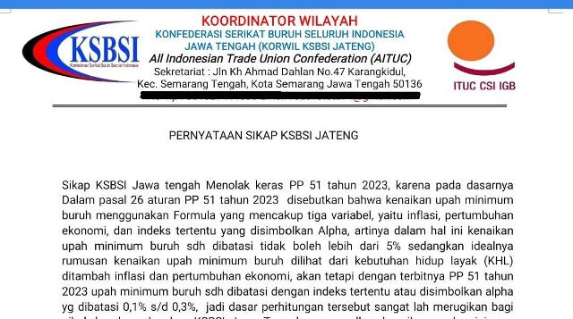 Tolak PP 51, KSBSI Jawa Tengah Tantang Gubernur Terbitkan Diskresi